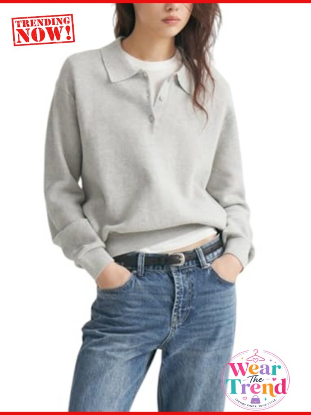 Women's Long Sleeve V-Neck Polo Pullover Knitted Sweater